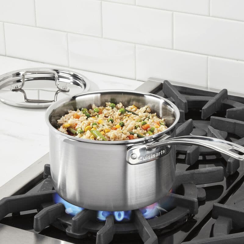 Rice and vegetables cooking in a Cuisinart stainless saucepan