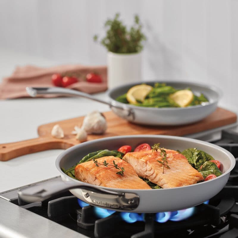 Salmon cooking in a Cuisinart skillet